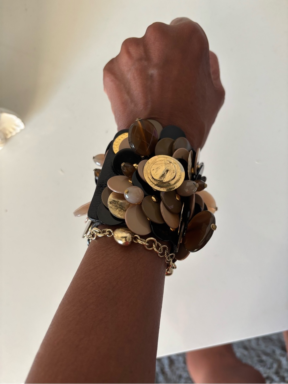 MaxMara Brown, Beige and Gold Cluster Cuff Bracelet